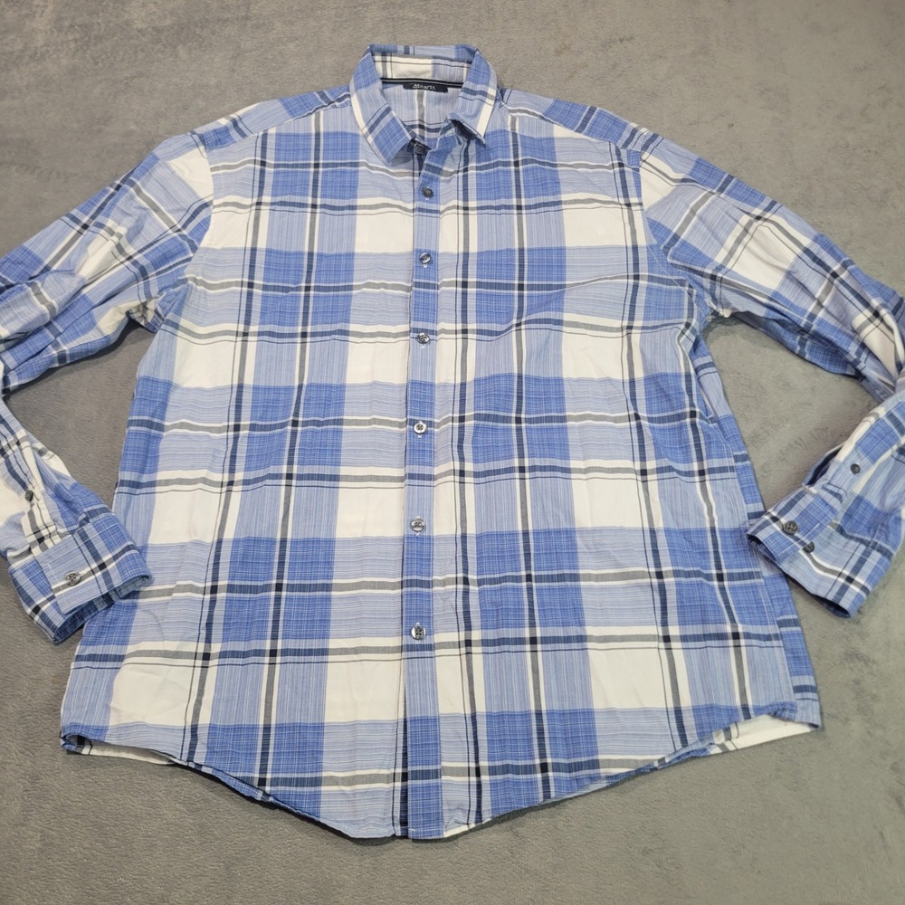 Alfani Button Down Shirt Mens Large Blue White Plaid Regular Fit 100% Cotton L/S